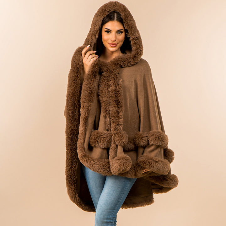 Tan Faux Fur Trim Hooded Elegant Drape Cape Poncho