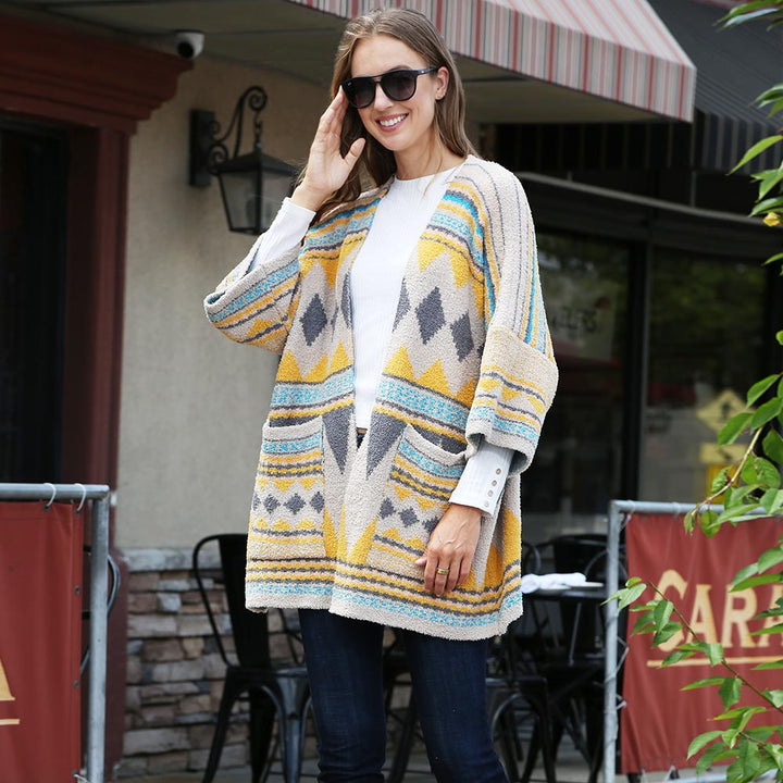 Yellow Tribal Patterned Front Pockets Cardigan