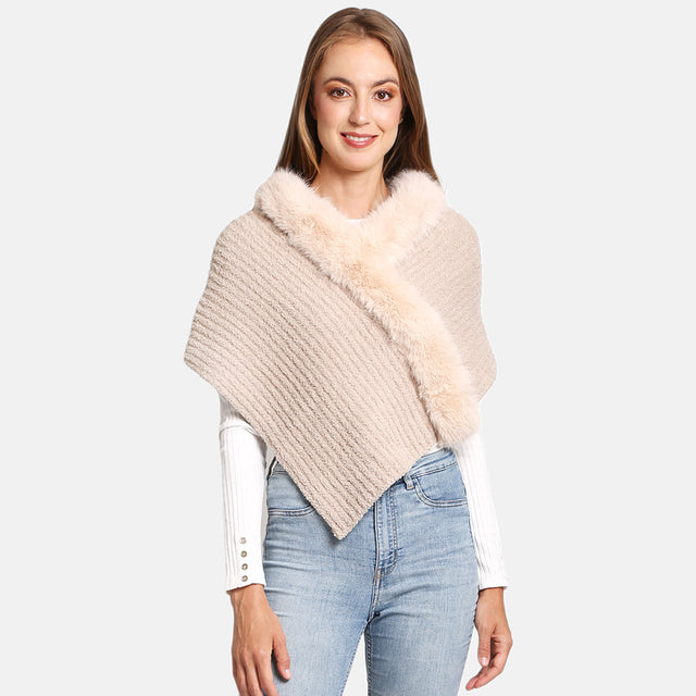 Beige Faux Fur Pointed Solid Ribbed Shawl