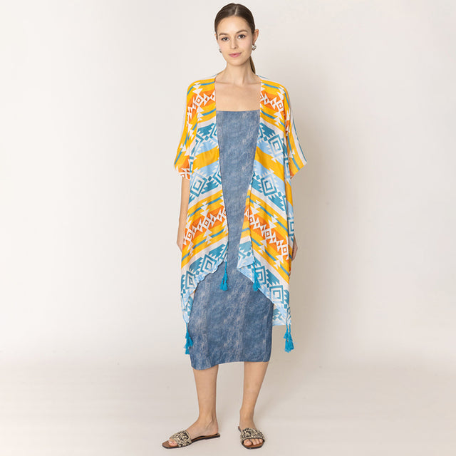 Madeline Love Blue Aztec Print Kimono Poncho - Jewelry