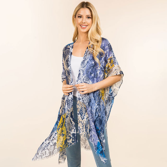 Madeline Love Blue Lightweight Snake Skin Printed Kimono Poncho - Jewelry