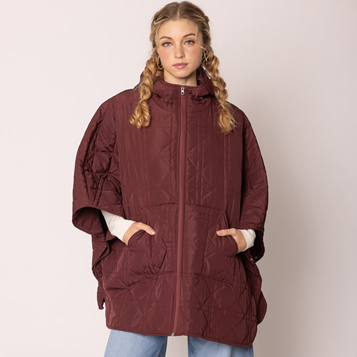 Burgundy Puffer Cape Poncho