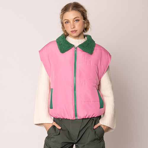Zip-Up Shearing Collar Puffer Vest - Pink&Green