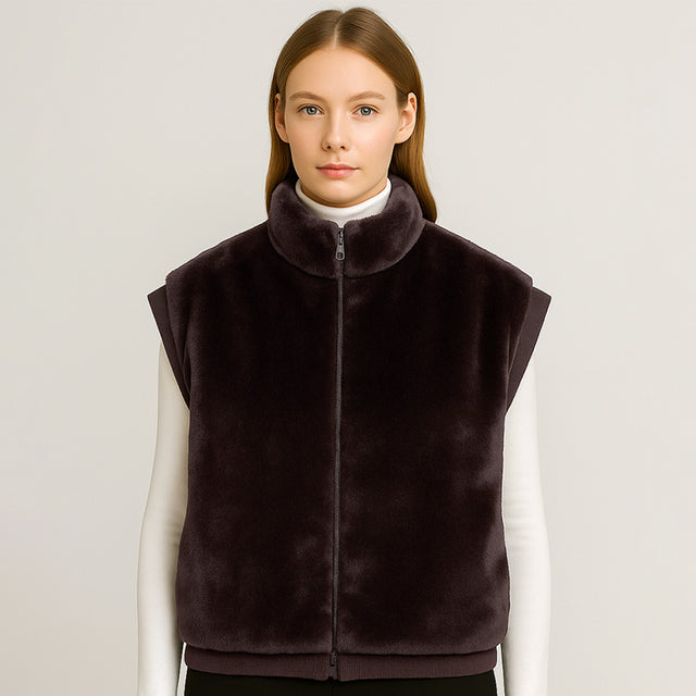 Brown Faux Fur Rib Sleeve Vest
