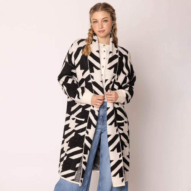 Black Open Front Houndstooth Pattern Long Cardigan