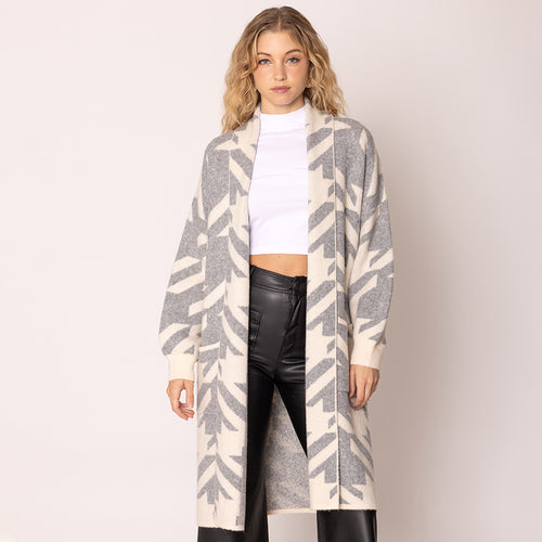 Open Front Houndstooth Pattern Long Cardigan - Gray