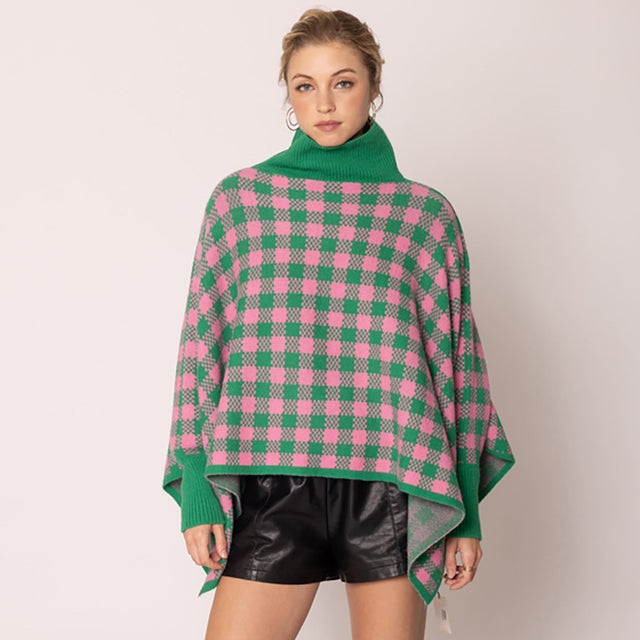 Pink&Green Checkered Pattern Knit Turtleneck Poncho