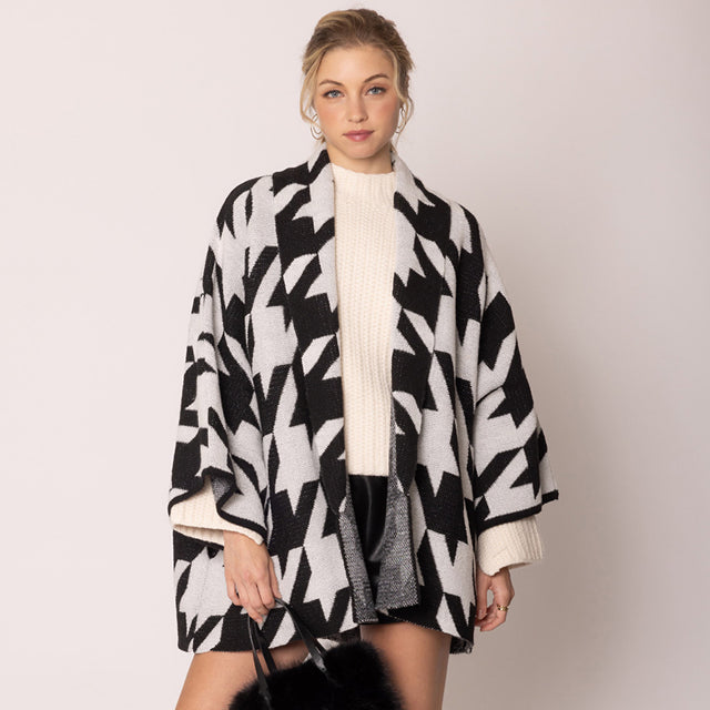 Black Open Front Houndstooth Knit Pattern Cardigan