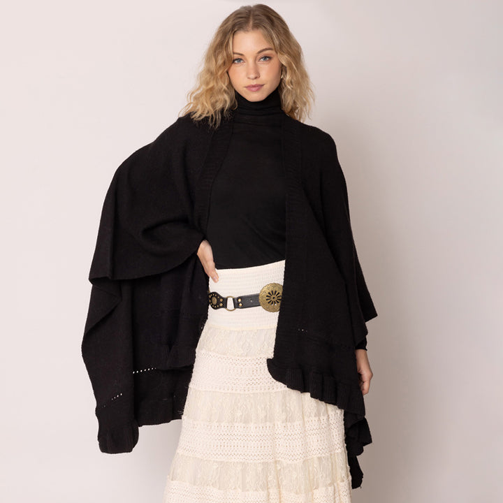 Black Ruffle Hem Knit Ruana