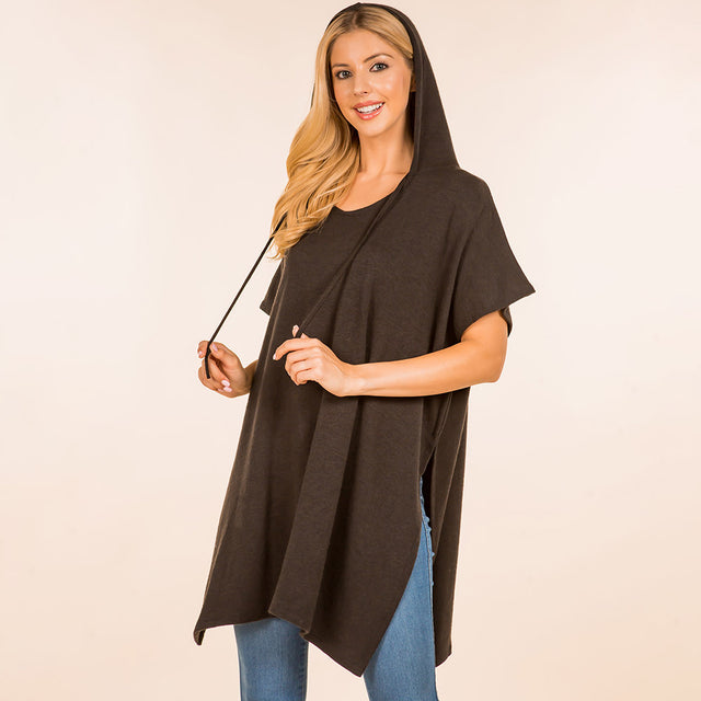 Black Solid Cozy Hooded Poncho