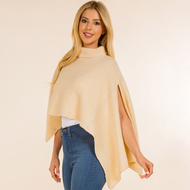 Beige Mock Neck Ribbed Knit Asymmetrical Cape Poncho