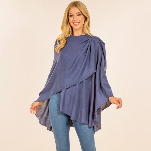 Elegant Solid Drape Wrap Poncho - Blue