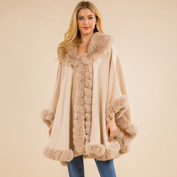 Beige Faux Fur Trim Flowing Shawl Cape Poncho