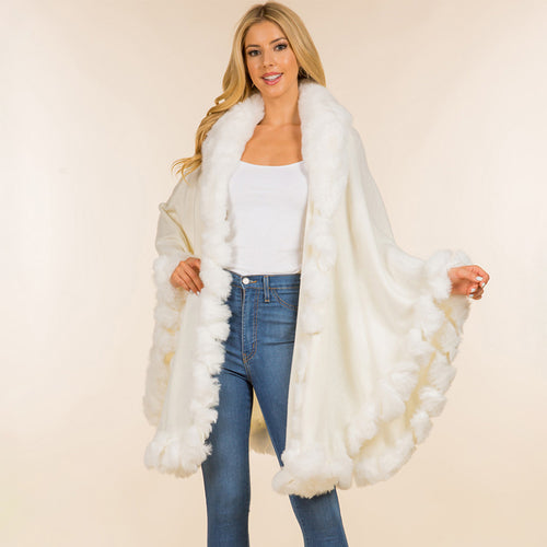 Faux Fur Trim Flowing Shawl Cape Poncho - Ivory