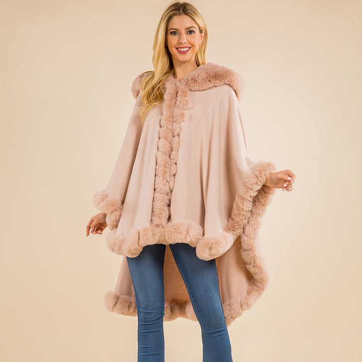 Pink Faux Fur Trim Flowing Shawl Cape Poncho