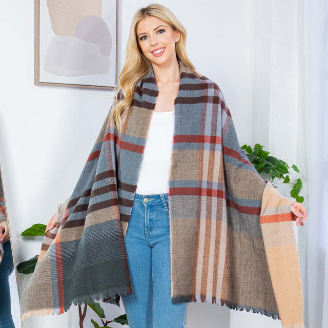 Camel Plaid Shawl Poncho Scarf