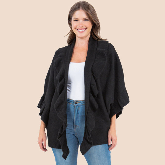 Black Solid Ruffle Accent Kimono Poncho
