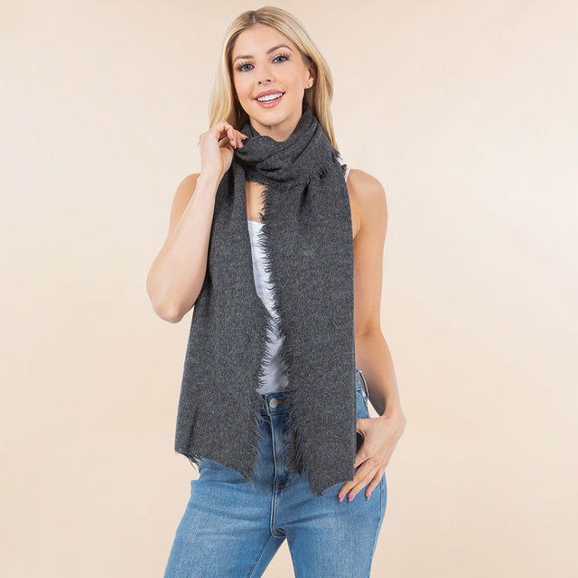 Dark, Gray Cozy Soft Brushed Raw Edge Trim Scarf / Poncho