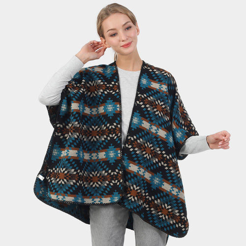Boho Patterned Poncho - Blue