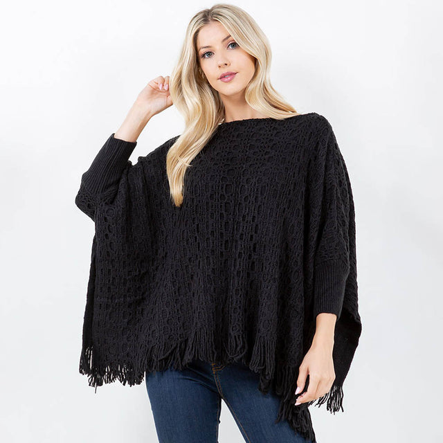 Black Boho Fringe Hem Crochet Knit Poncho