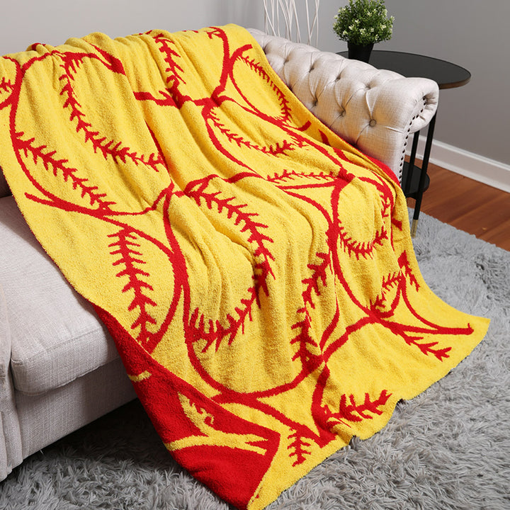 Yellow Softball Patterned Reversible Throw Blanket