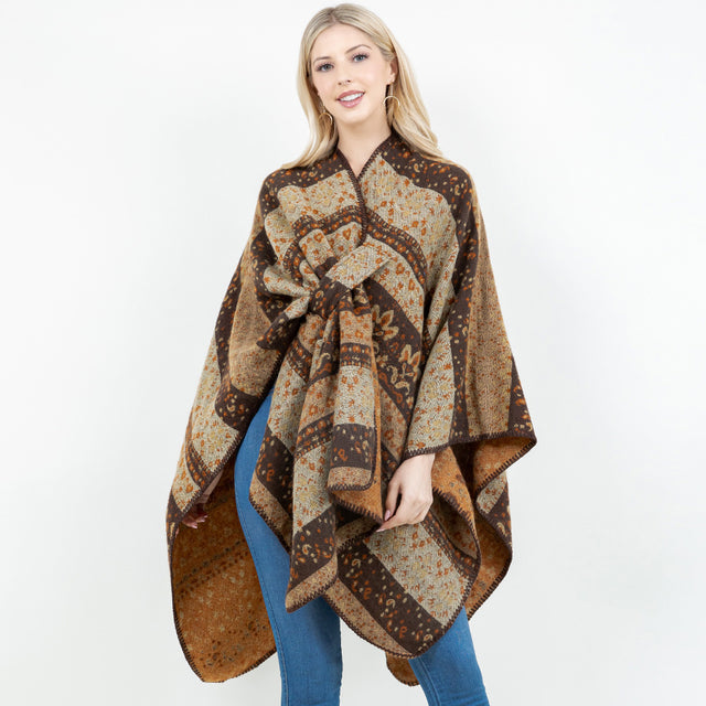 Brown Open Front Bohemian Pattern Shawl Wrap with Loop