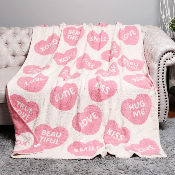 Message Written Heart Patterned Reversible Throw Blanket