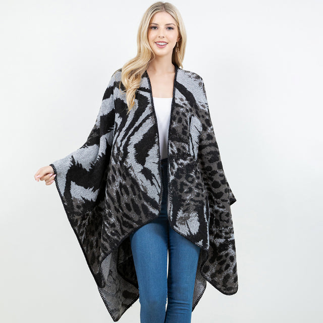 Black Open Front Abstract Animal Pattern Print Shawl Wrap Poncho with Loop