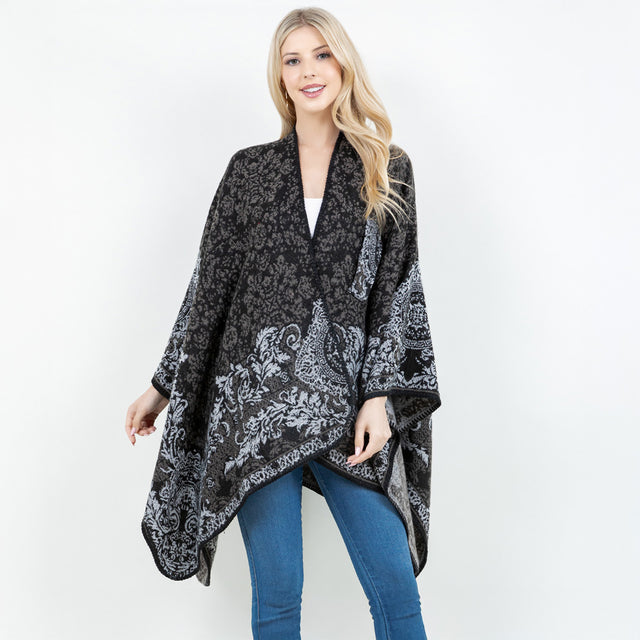 Black Open Front Baroque Floral Border Print Shawl Wrap Poncho with Loop