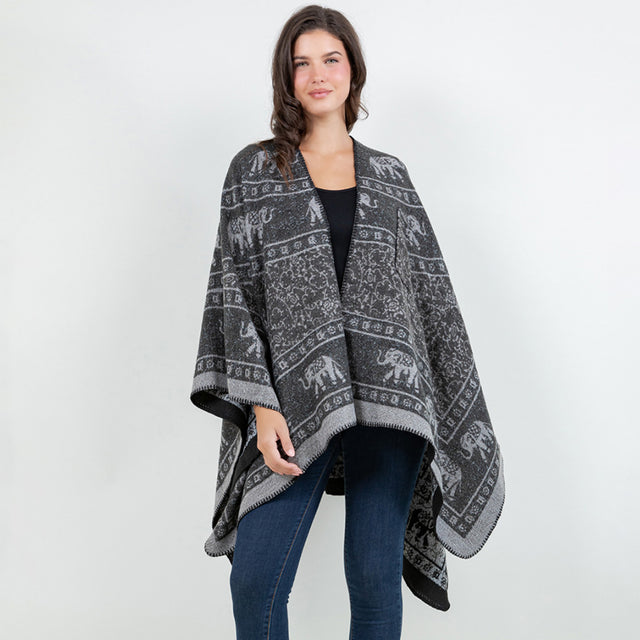 Black Open Front Elephant Pattern Print Shawl Wrap Poncho with Loop