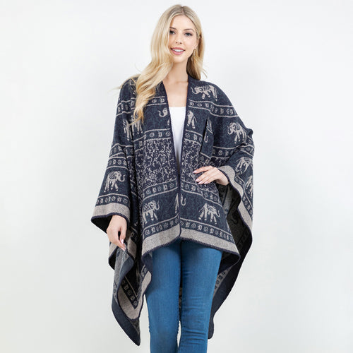 Open Front Elephant Pattern Print Shawl Wrap Poncho with Loop - Navy