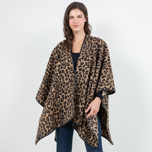 Camel Open Front Leopard Pattern Wrap Poncho with Belt