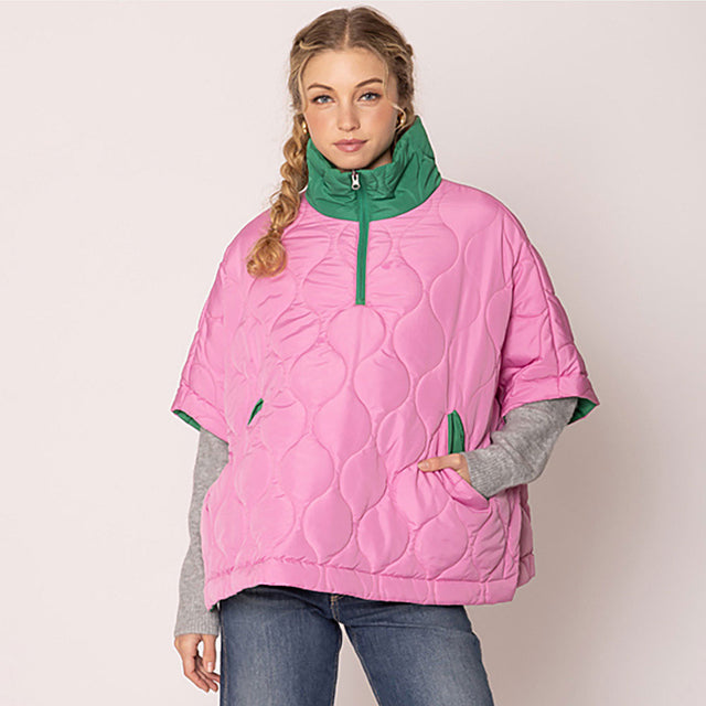Madeline Love Pink&Green Quilted Short Sleeves Puffer Pullover Poncho - Jewelry