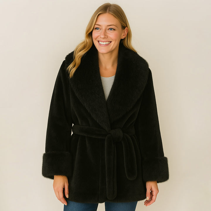 Black Luxury Faux Fur Belted Coat