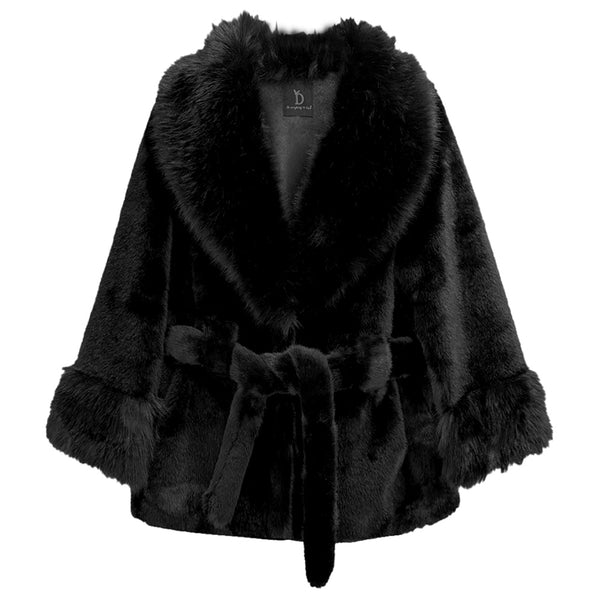 Black Luxury Faux Fur Belted Coat