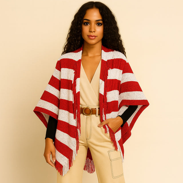 Madeline Love Red Open Front Striped Fringe Cocoon Shawl Wrap - Hair Accessories