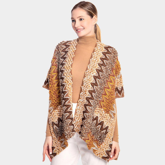 Brown Boho Patterned Front Pocket Ruana Poncho