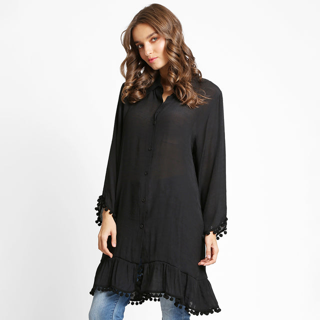 Madeline Love Black Boho Pom Pom Trim Button-Up Tunic Dress / Top Shirt - Apparel