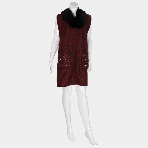 Pearl Embellished Pockets Detail Faux Fur Collar Vest - Burgundy