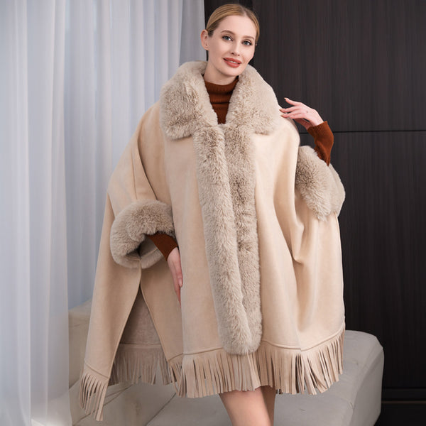 Beige Faux Fur Trimmed Solid Fringe Ruana Poncho