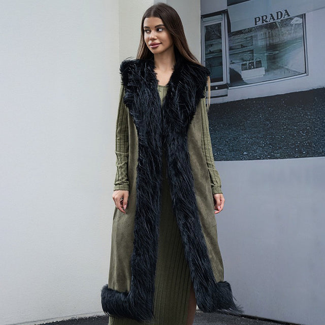 Olive Green Faux Fur Trim Party Work Night Out Long Vest