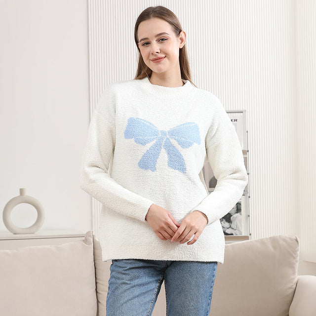 Madeline Love Blue Ribbon Pointed Crew Neck Sweater - Jewelry