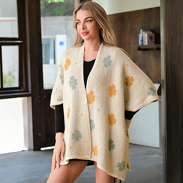 Madeline Love Beige Cozy Relaxed Fit Open Front Floral Pattern Poncho - Jewelry