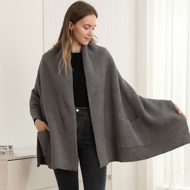 Charcoal Open Front Pocketed Shawl Cardigan