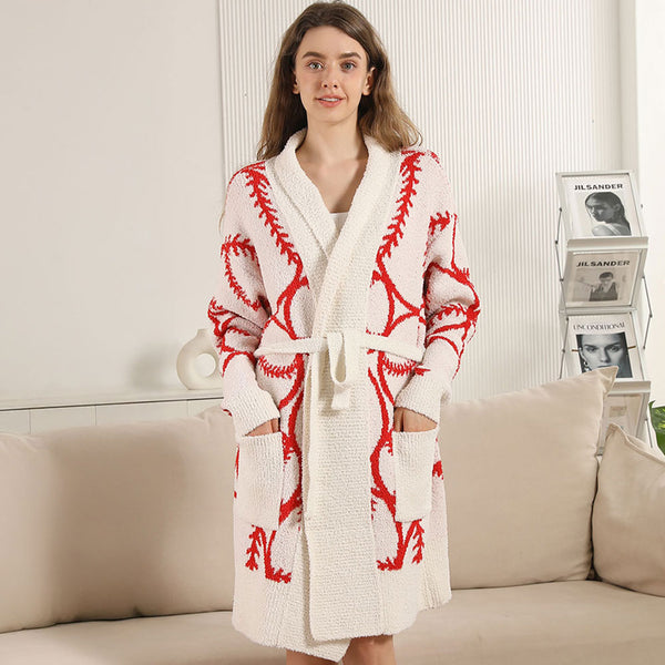 Red Baseball Robe with Pockets and Belt