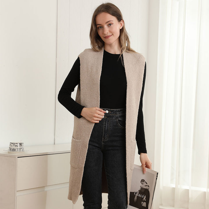 Beige Solid Color Open Front Long Vest