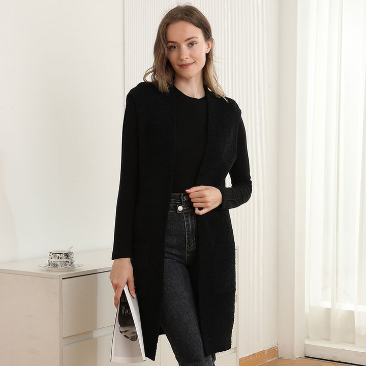 Black Solid Color Open Front Long Vest