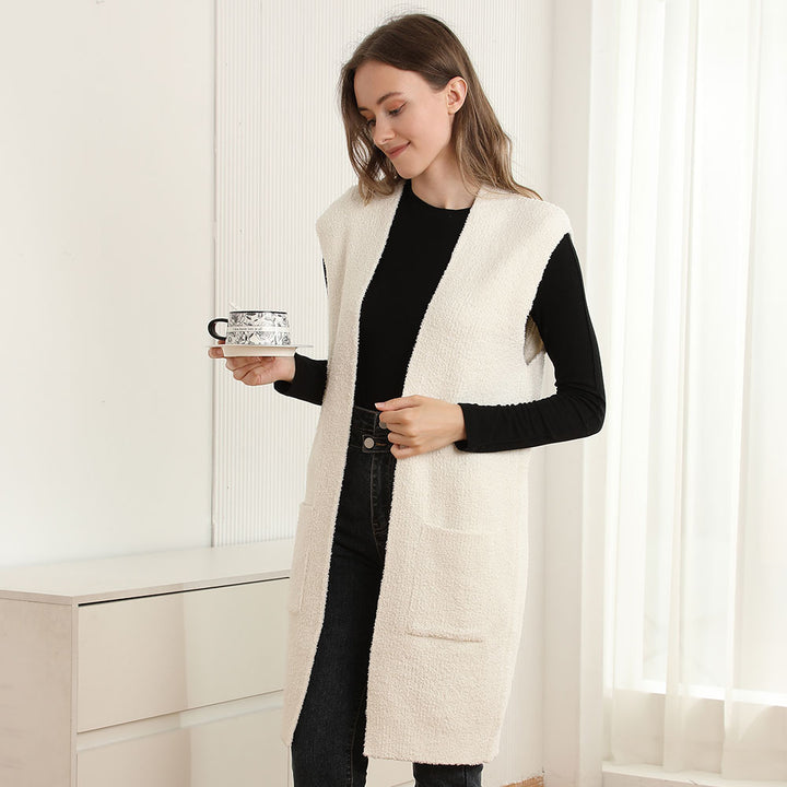 Ivory Solid Color Open Front Long Vest