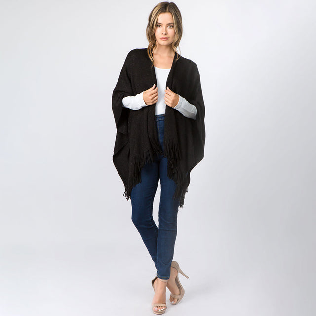 Black Metallic Fringe Shawl Wrap Poncho