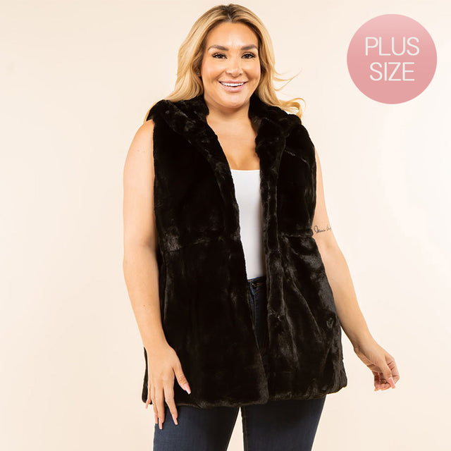 Black Plus Size Faux Fur Hooded Vest